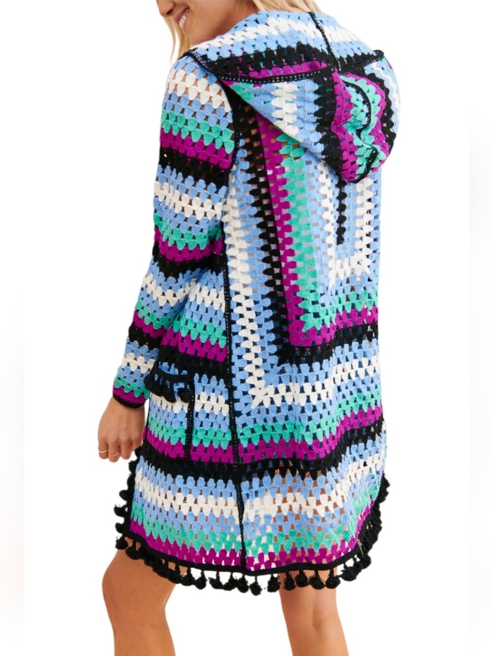 Free the Roses Crochet Hooded Cardigan Open Front Pom-pom Trim Pockets Spring - Picture 2 of 14